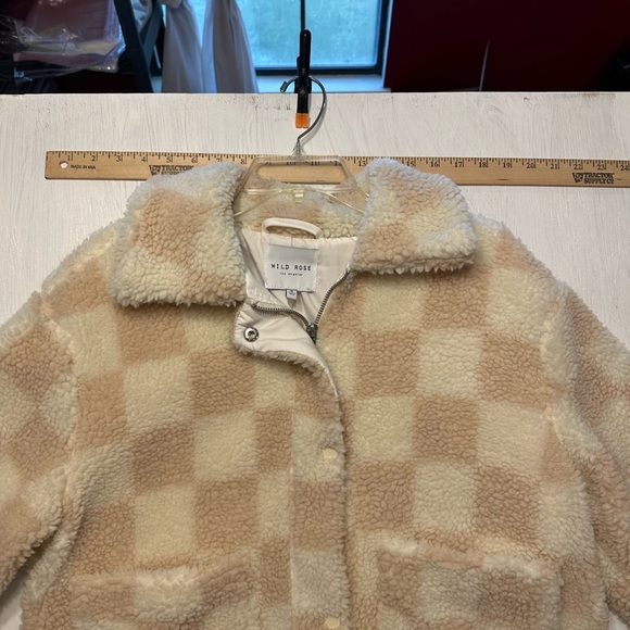 Wild Rose LA Teddy Jacket Women’s Small Faux Shearling Cream Pink Check Sherpa - Picture 2 of 10